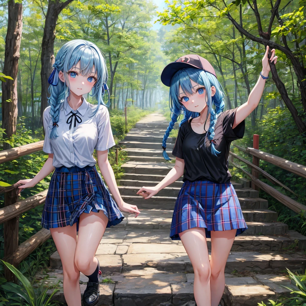 Blue hair、blue eyess、Braids、one good looking girl、独奏、animesque、Plaid miniskirt、Black T-shirt、camisole、the woods、Sunlight、Wearing a plaid baseball cap、bare-legged、Tilting your face、Walking、Crossing a log bridge while keeping balance、Doing the ribbon、have a twig、climbing the wooden stairs