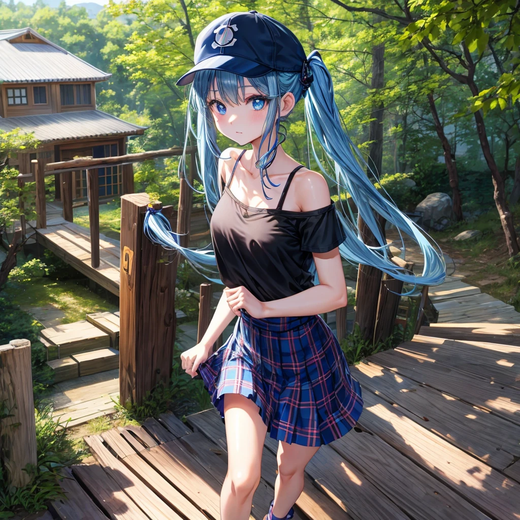 Blue hair、blue eyess、Braids、one good looking girl、独奏、animesque、Plaid miniskirt、Black T-shirt、camisole、the woods、Sunlight、Wearing a plaid baseball cap、bare-legged、Tilting your face、Walking、Crossing a log bridge while keeping balance、Doing the ribbon、have a twig、climbing the wooden stairs
