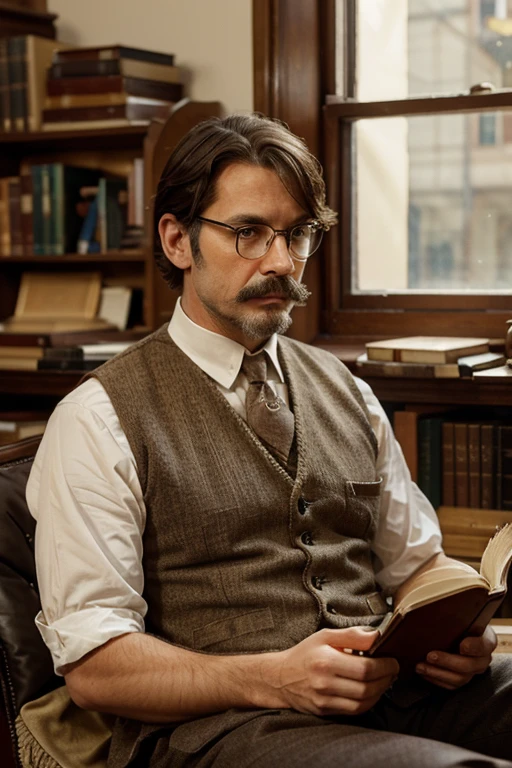 (Victorian library in a home, soft golden light coming through a window, a desk with many art history books spread out and piled up) (A middle-aged man works at his desk, a thin and short handlebar moustache, pointy beard, brown hair turning grey, short hair with a longer wave over the forehead, Italian nose, small brown eyes, small and thin rounded glasses, thin mouth, 1910s clothing with a vest and a pocket watch, rolled sleeves, reading a book, not looking at you) (Style: oil painting in the style of John Singer Sargent)