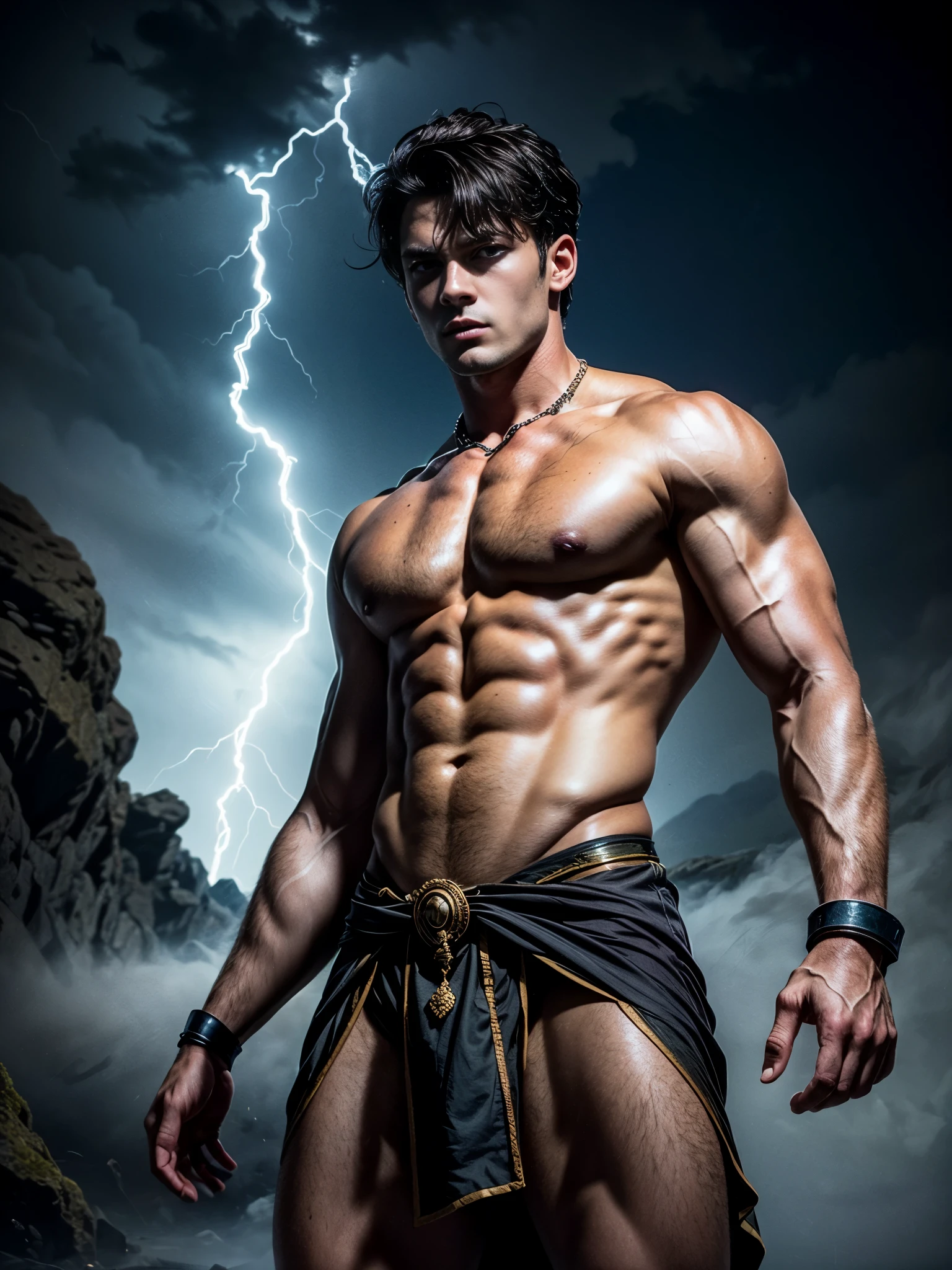 ((masterpiece)),((best quality)),8k, high detailed, ultra-detailed, Stylish Pose, real skin texture, dark cinematic lighting, 24 year-old Italian male model, handsome italian, cute looking, divine look, powerful light blue eyes, Zeus god, god of thunder, Jupiter, godly, , bending electricity, displaying the ability to manipulate lightning, creating massive lightning, white pale skin, roman god physic, intense blue eyes, dry hair dry short brown messy hair, strong jawline, masculine, muscular, defined fit body, hairless chest, shirtless, pantless, open sea, sinister aesthetic, black storm clouds, arm bracelet, lightning, clouds, thunder, walking towards the camera, (isolated:1.4), in the middle of nowhere, (tule fog:1.4), (in the middlea thick fog:1.3), night dark storm, barelegged, barefoot, antique linen spartan loincloth , white linen antique draped cloth skirt, golden chain in roman skirt,,,, dim light, dark atmosphere, cinematic lighting, Depth of field, award-winning photography, elegant, hyperrealistic, octane render, unreal, high definition, 8k resolution, highly detailed, 8k uhd, professional lighting, photon mapping, radiosity, physically-based rendering