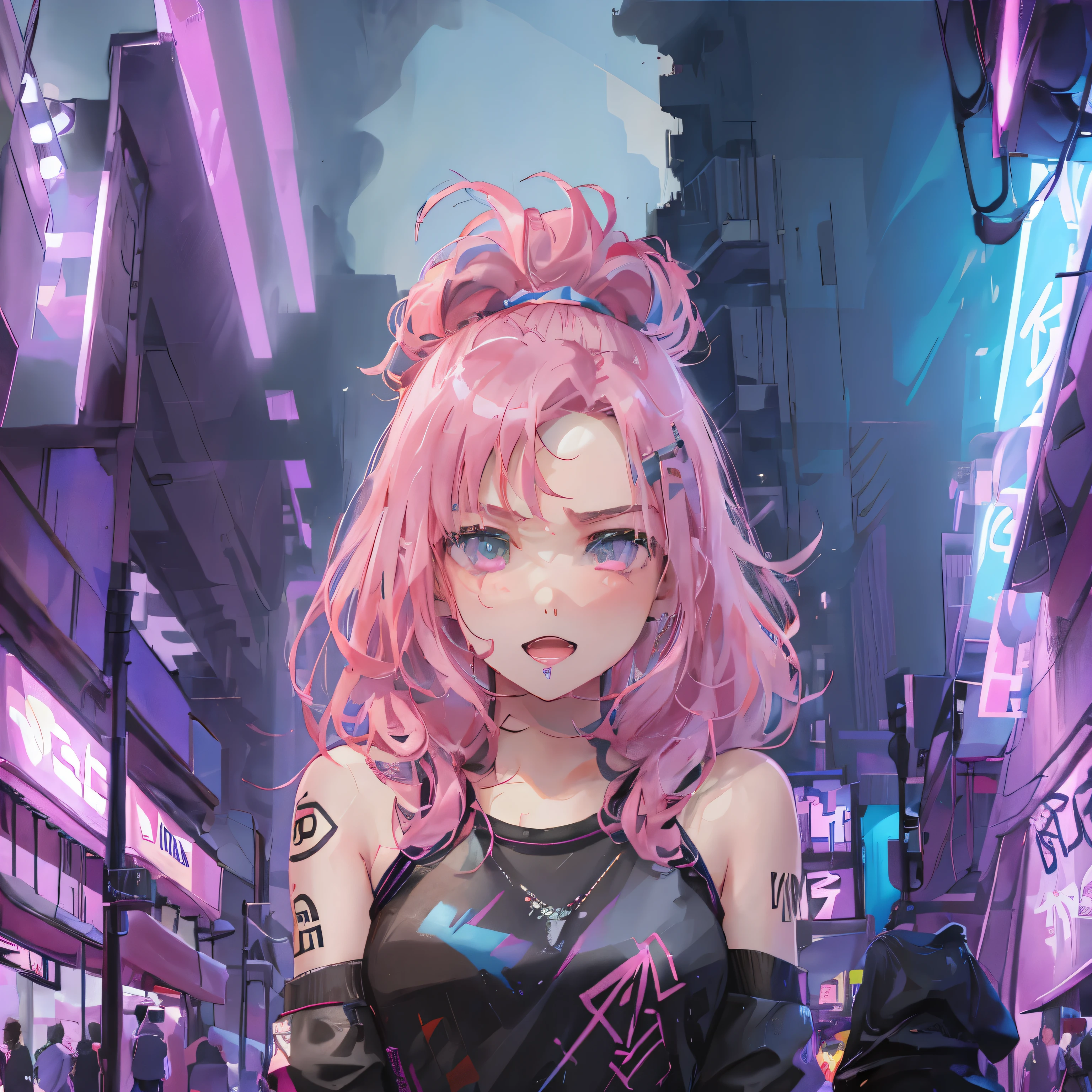 A young girl with pink hair and a black shirt in the city, Designed by Kieran Younger, Show on the《cyberpunk allies》Curly, Show on the《Cyberpunk 2077》Curly, Ryan Flash Concept Artist, Inspired by Henrik Thron Gramm, Smart Man (assesackground futuristic, look straight at the camera, Expose shoulders and above, neon funk