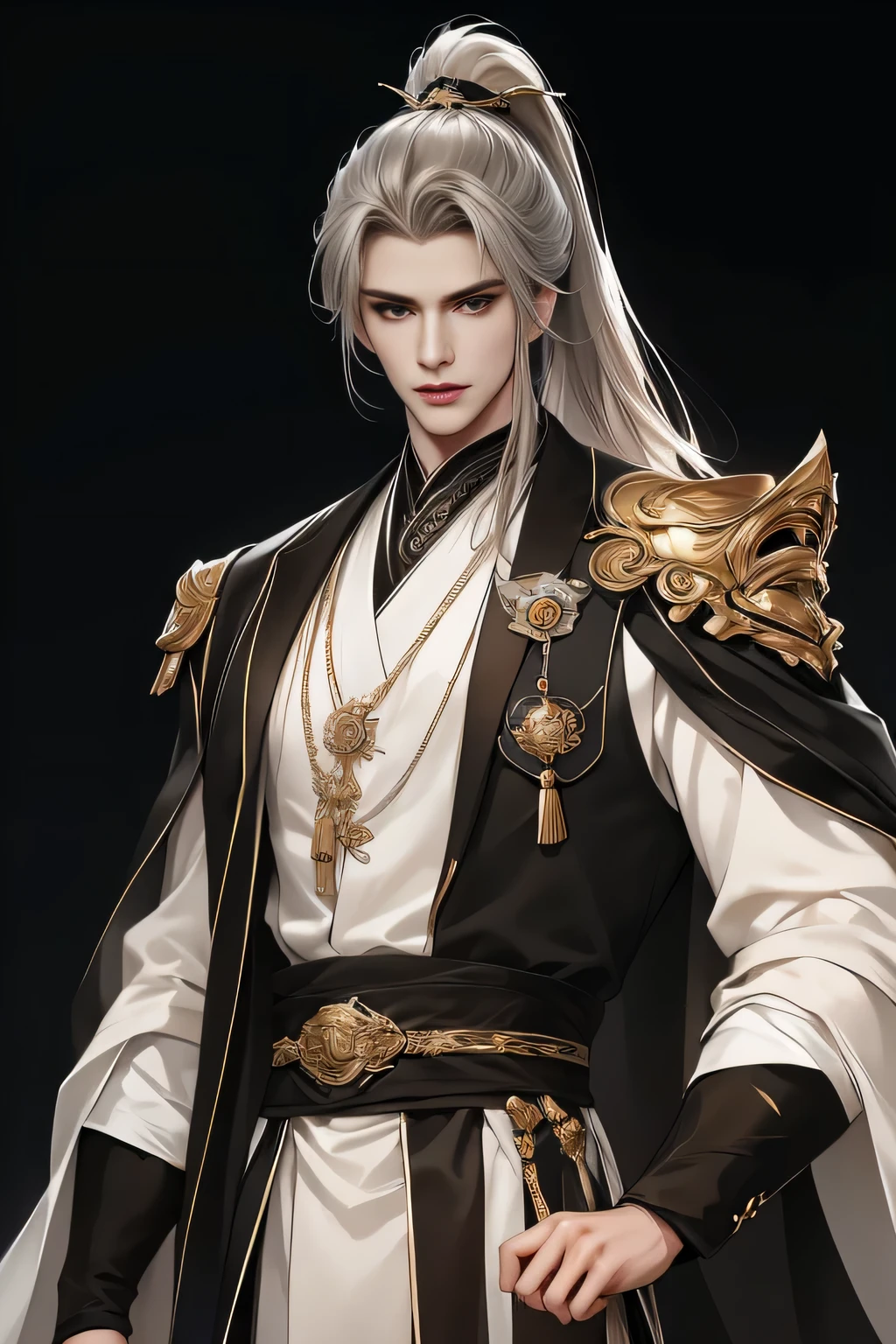 Chinese men，Close-up of the upper body，white hair on shoulders，（Whole-body proportions）The proportions are correct，Face details，（glowing light eyes），Handsome face，High ponytail hairstyle，（white color hair）Neck details，gold shell，detailed，long white robe，white and gold robes，clothes details，surrender，longer sleeves，Game quality，Light and shadow tracking，Ray traching，detailed发光，cg render，hair detail，（White is long hair），，Handsome face，Clothing is complicated，Perfectcomposition，Refinement，high high quality，More detailed，A lot of detail，The background is complex，a sense of atmosphere，solid black background，high high quality，（with a pure white background）