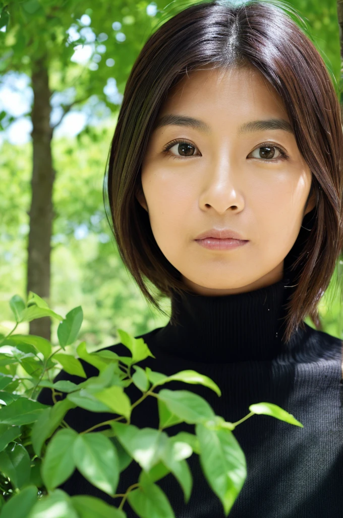 Slender Japanese woman looking at the camera、Black turtleneck sweater、Green tree on background々or bushes、hight resolution、high-definition picture