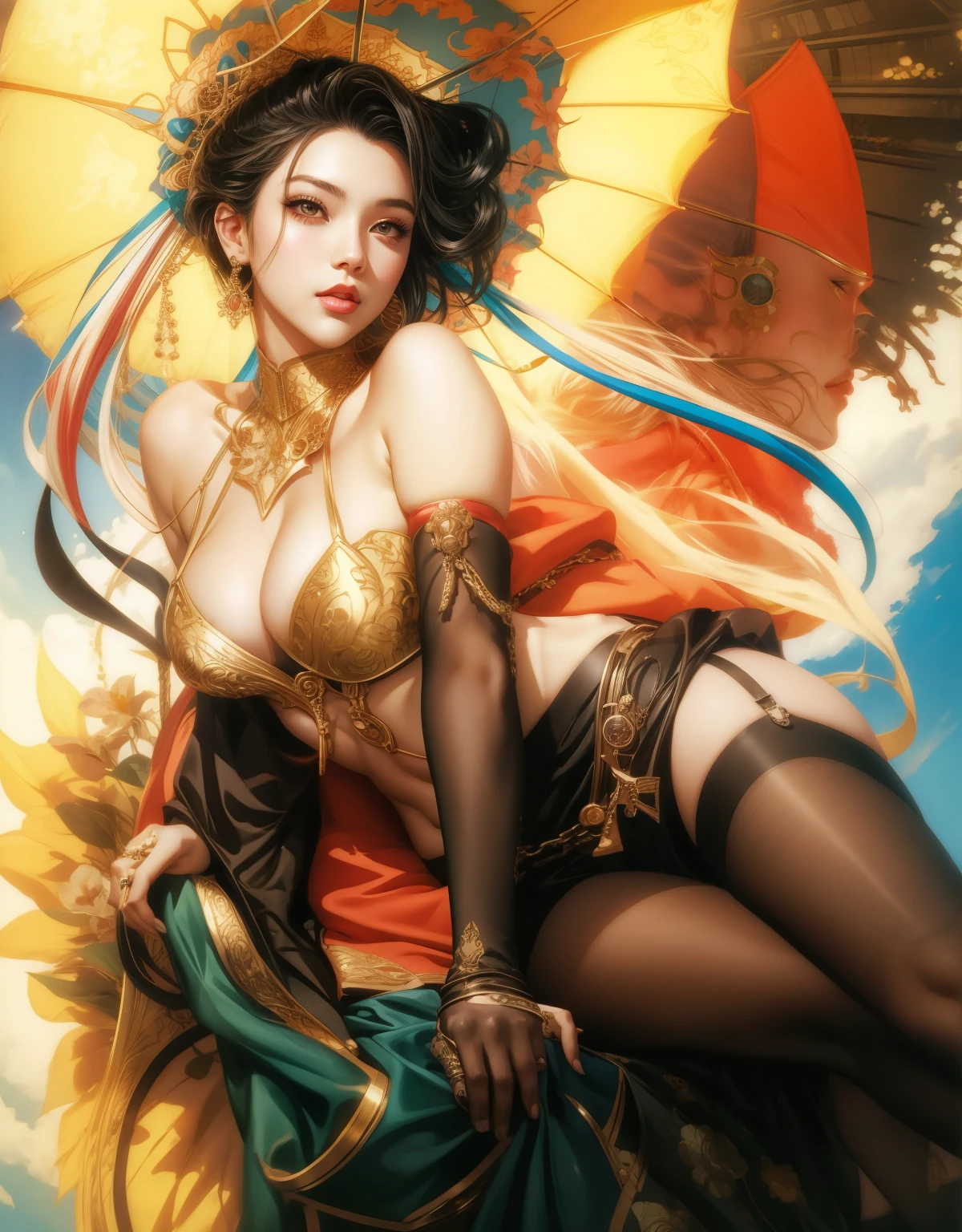 Mujer arafed con un pecho grande sentada en una silla con un paraguas., Hermosa y seductora mujer de anime, extremely detailed Artgerm, Artgerm. Anime illustration, style of Artgerm, style Artgerm, Artgerm and rossdraws, Artgerm style, Artgerm and ruan jia, WLOP | Artgerm