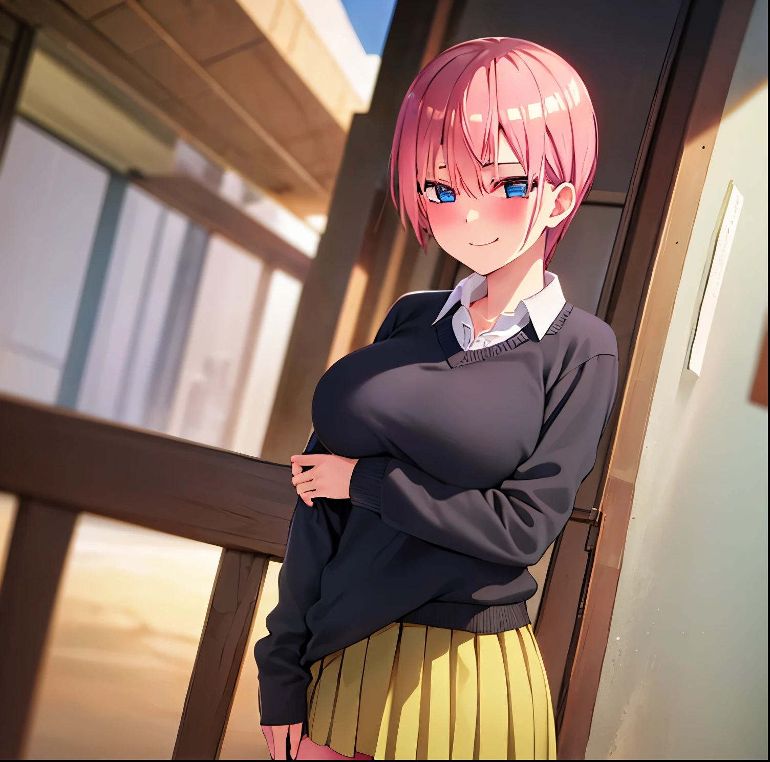 1girl, alone ,ichika nakano, short hair, bangs, blue eyes, hair between eyes, pink hair,
BREAK skirt, shirt, school uniform, neckline,white shirt, short sleeves, pleated skirt, shoes, socks, collared shirt, black footwear, sweater, white socks, short skirt, topless, opening shirt, unbuttoning shirt, exposed breasts, large breasts, nipples, seductive, sexy, hentai, yellow skirt, loafers, smirk, smile, wink, winking, smirking, smiling, head tilt, blush, blushing, playful, happy,
BREAK indoors, classroom,
BREAK looking at viewer, (cowboy shot:1.5),
BREAK (masterpiece:1.2), best quality, high resolution, unity 8k wallpaper, (illustration:0.8), (beautiful detailed eyes:1.6), extremely detailed face, perfect lighting, extremely detailed CG, (perfect hands, perfect anatomy), breastout,