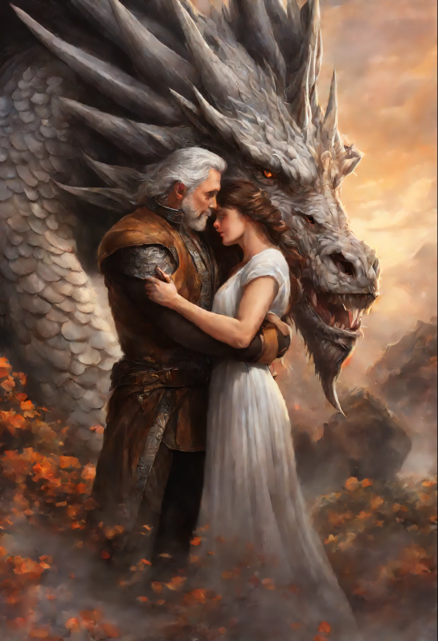A gray-haired man and a woman with brown hair are hugging in front of the dragon., romance novel cover, Graphic artist Magali Villeneuve, magali villeneuve', Magali Villeneuve, Cover of an epic fantasy novel, inspired Magali Villeneuve, dragon kiss, realistic fantasy illustration, Cover of a young adult fantasy novel, The cover of a fantasy book, Magali Villeneuve and Monet
