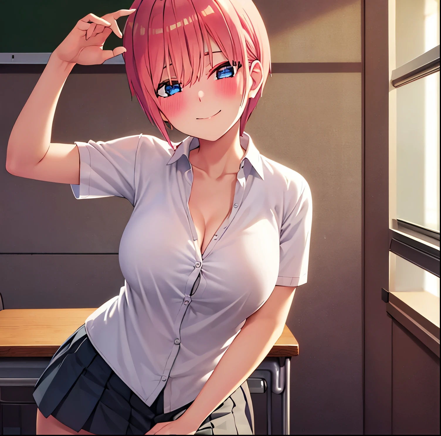 1girl, alone ,ichika nakano, short hair, bangs, blue eyes, hair between eyes, pink hair,
BREAK skirt, shirt, school uniform, neckline,white shirt, short sleeves, pleated skirt, shoes, socks, collared shirt, black footwear, sweater, white socks, short skirt, topless, opening shirt, unbuttoning shirt, exposed breasts, large breasts, nipples, seductive, sexy, hentai, yellow skirt, loafers, smirk, smile, wink, winking, smirking, smiling, head tilt, blush, blushing, playful, happy,
BREAK indoors, classroom,
BREAK looking at viewer, (cowboy shot:1.5),
BREAK (masterpiece:1.2), best quality, high resolution, unity 8k wallpaper, (illustration:0.8), (beautiful detailed eyes:1.6), extremely detailed face, perfect lighting, extremely detailed CG, (perfect hands, perfect anatomy), breastout,