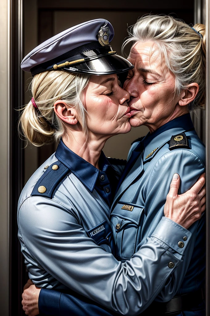 (2 women), ((lesbian kiss)), photorealistic, masterpiece, 80yo, one woman in police realistic uniform, with silver hair, wrinkles, closed eyes, ((kissing girl)), (((girl is 18yo))), girl is short, blonde, ponytail, passionate kiss, great intimacy, hugging, (sexual arousal:1.0), (sweating:1.3)