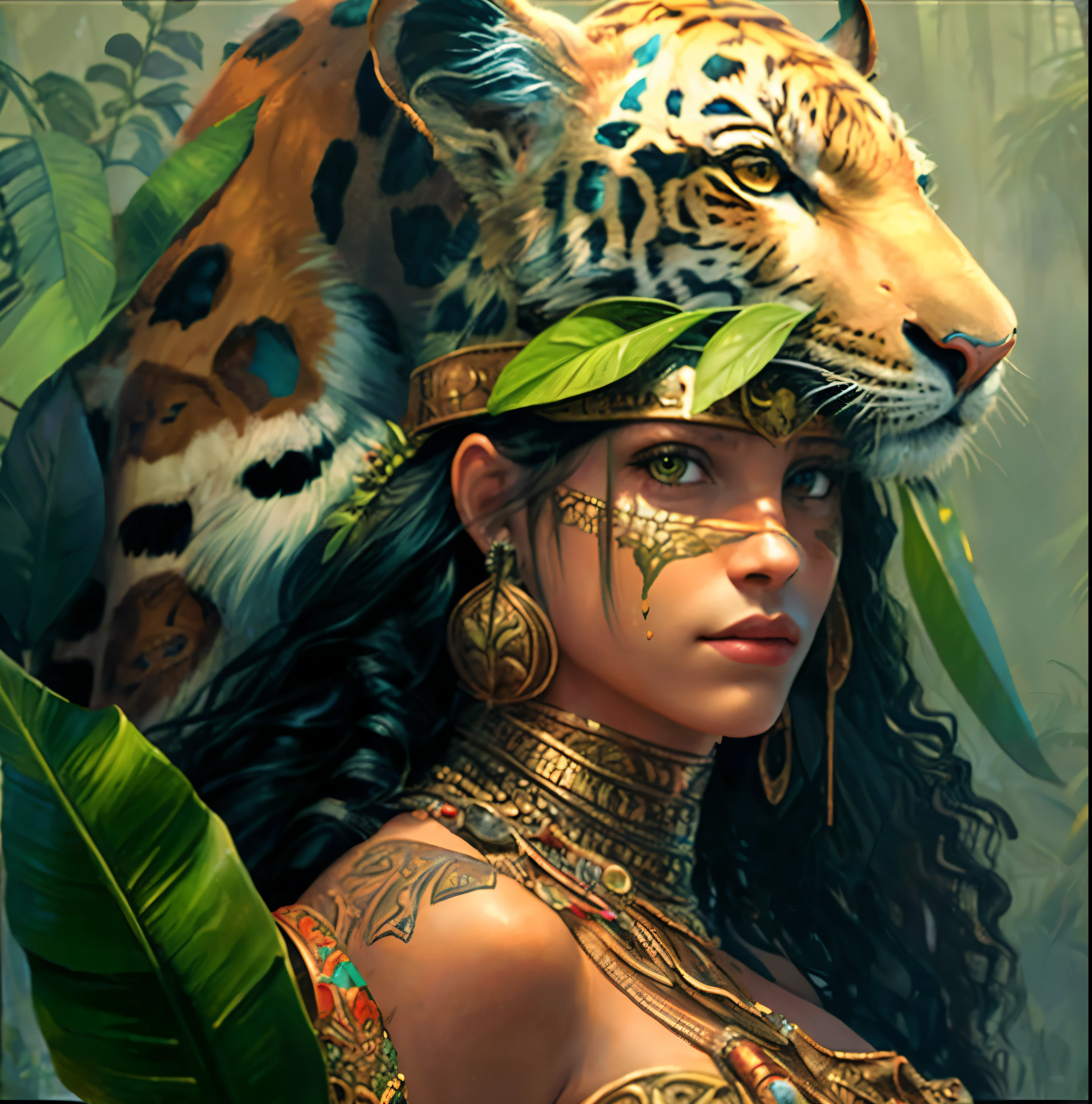 a woman with a tiger on her head and a jungle background, Retrato de la princesa azteca, Karol behind UHD, Awesome Digital Illustration, Pintura detallada 4 K, Amazonian, fantasy art behance, Artgerm Julie Bell Beeple, Arte detallado de alta calidad 8K, Guerrero Amazonas, fantasy concept art portrait, fantasy portrait art, Hermosa obra de arte digital, Reina azteca