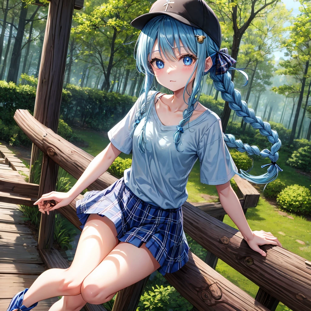 Blue hair、blue eyess、Braids、one good looking girl、独奏、animesque、Plaid miniskirt、Black T-shirt、camisole、the woods、Sunlight、Wearing a plaid baseball cap、bare-legged、Tilting your face、Walking、Crossing a log bridge while keeping balance、Doing the ribbon、have a twig、climbing a wooden spiral staircase