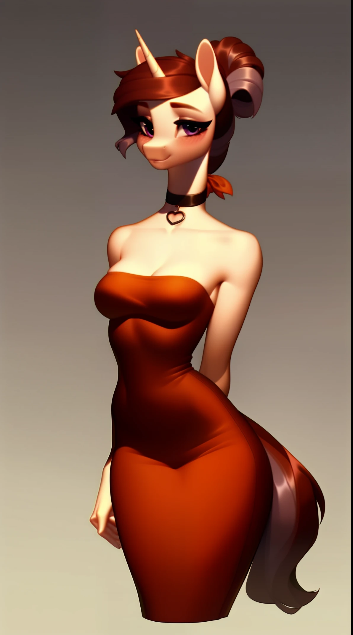 (score_9), (source_derpibooru_p_95), (solo), ((anthro o.c pony 1.1)), (strapless dress), blushing, sad, anatomically correct, small breasts, solo, hourglass figure, curvy, plump body, very cute young girl, high res, beautiful long neck, hair tied up, choker, ,