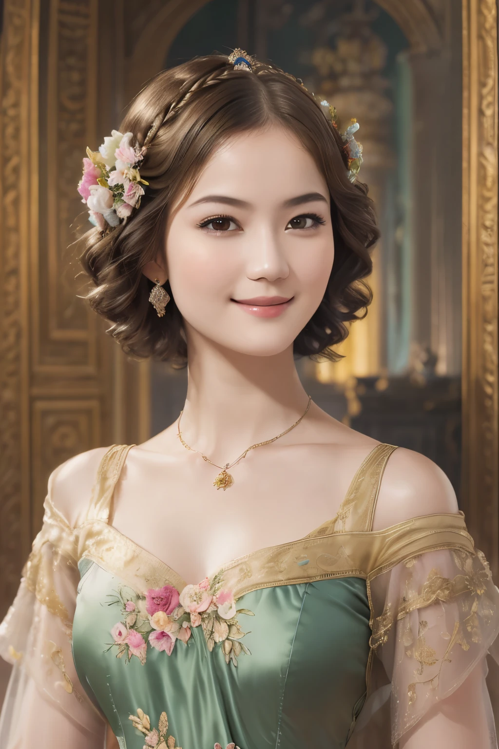 141
(a 20 yo woman,in the palace), (A hyper-realistic), (high-level image quality), ((beautiful hairstyle 46)), ((short-hair:1.46)), (kindly smile), (breasted:1.1), (lipsticks), (is wearing dress), (murky,wide,Luxurious room), (florals), (an oil painting、Rembrandt)