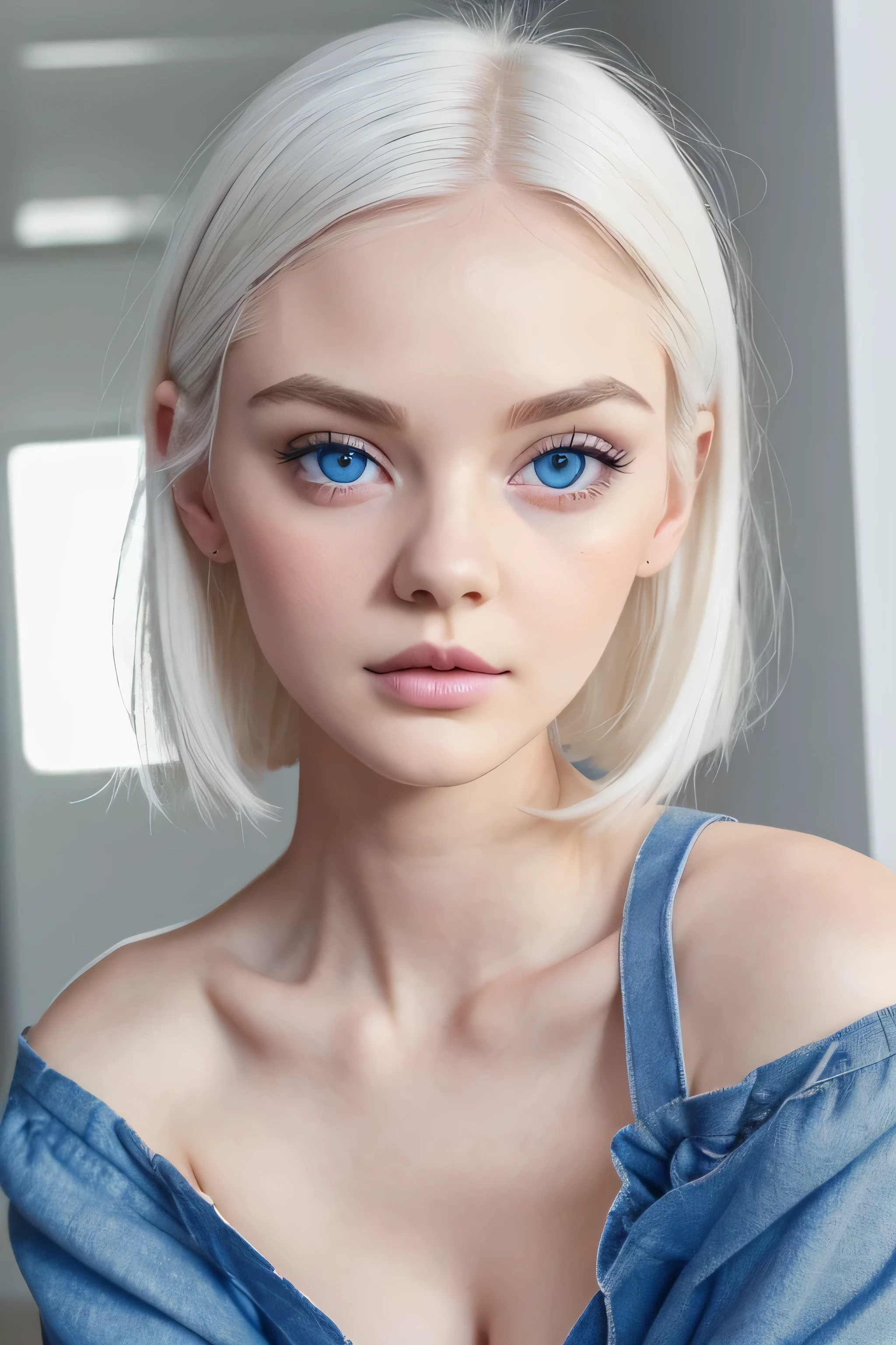 cute supermodel face, heart shaped face, small pug face, round vivid blue eyes, full lush lips, pale skin, perfect skin texture, real, photo, soft shadows, no makeup, high cheekbones, alien forehead, shoulder length loose white hair, small cute nose, strong jaw line, white eyebrows