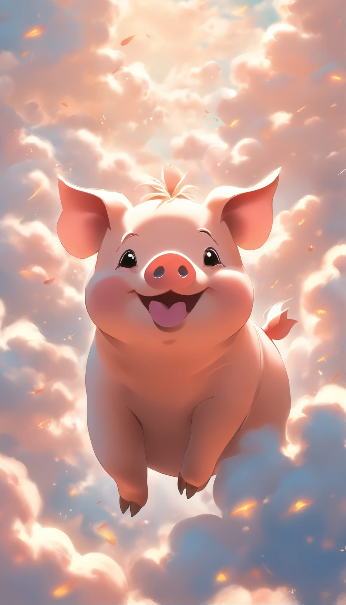 (Best Quality,4K,hight resolution),(Realistic:1.37),Vivid colors,Sharp Focus,Physically-based rendering,Ultra-detailed,cloud makes pigs,Bustling sky,sea of clouds,naughty pig,Fluffy clouds,Pig-shaped clouds,ふくらんでいるwhite clouds,empty piglet,Blue sky,white clouds,smiling piglet,happy pig