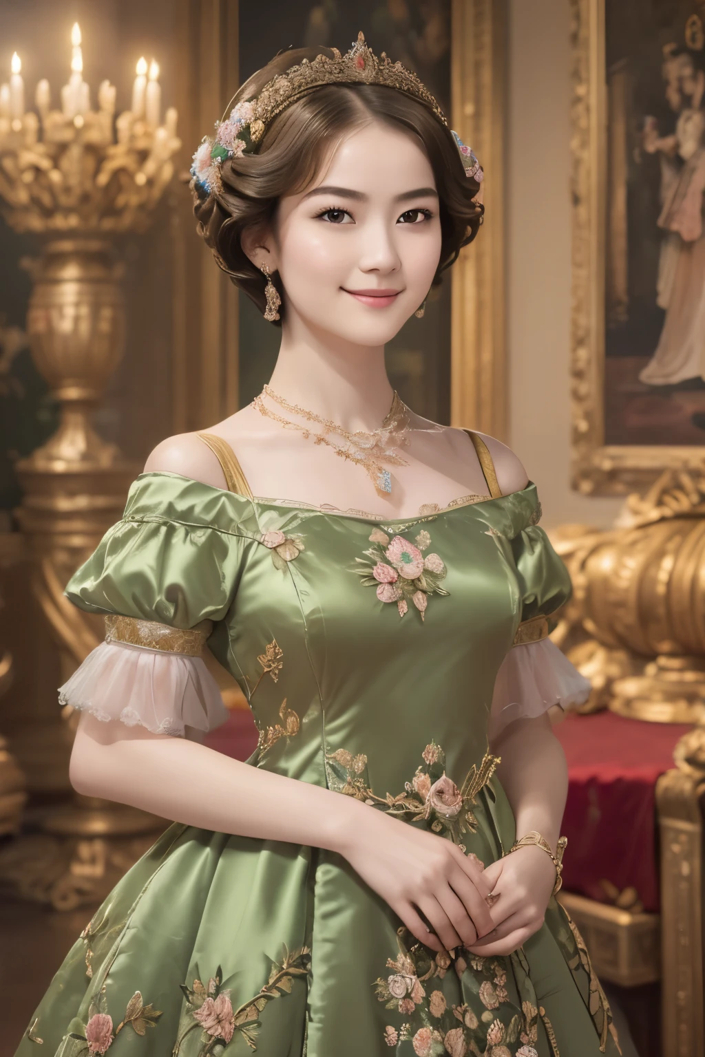 141
(a 20 yo woman,in the palace), (A hyper-realistic), (high-level image quality), ((beautiful hairstyle 46)), ((short-hair:1.46)), (kindly smile), (breasted:1.1), (lipsticks), (is wearing dress), (murky,wide,Luxurious room), (florals), (an oil painting、Rembrandt)