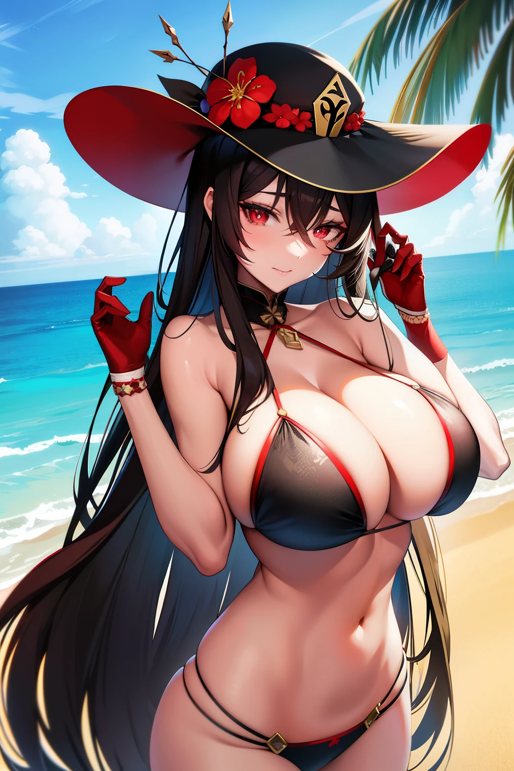 2d, tmasterpiece, best qualtiy, anime big breast, highly detailed eye, Highly detailed face, highly detailed back ground, perfect litthing, cowboy lens, 1girll, 独奏, standing on your feet, beachside,Bikini style,huge boob,hu tao\(genshin impact\), pupils in symbol shapes, flower shaped pupils, Hats, red flower, red eyes, SakuraNS,