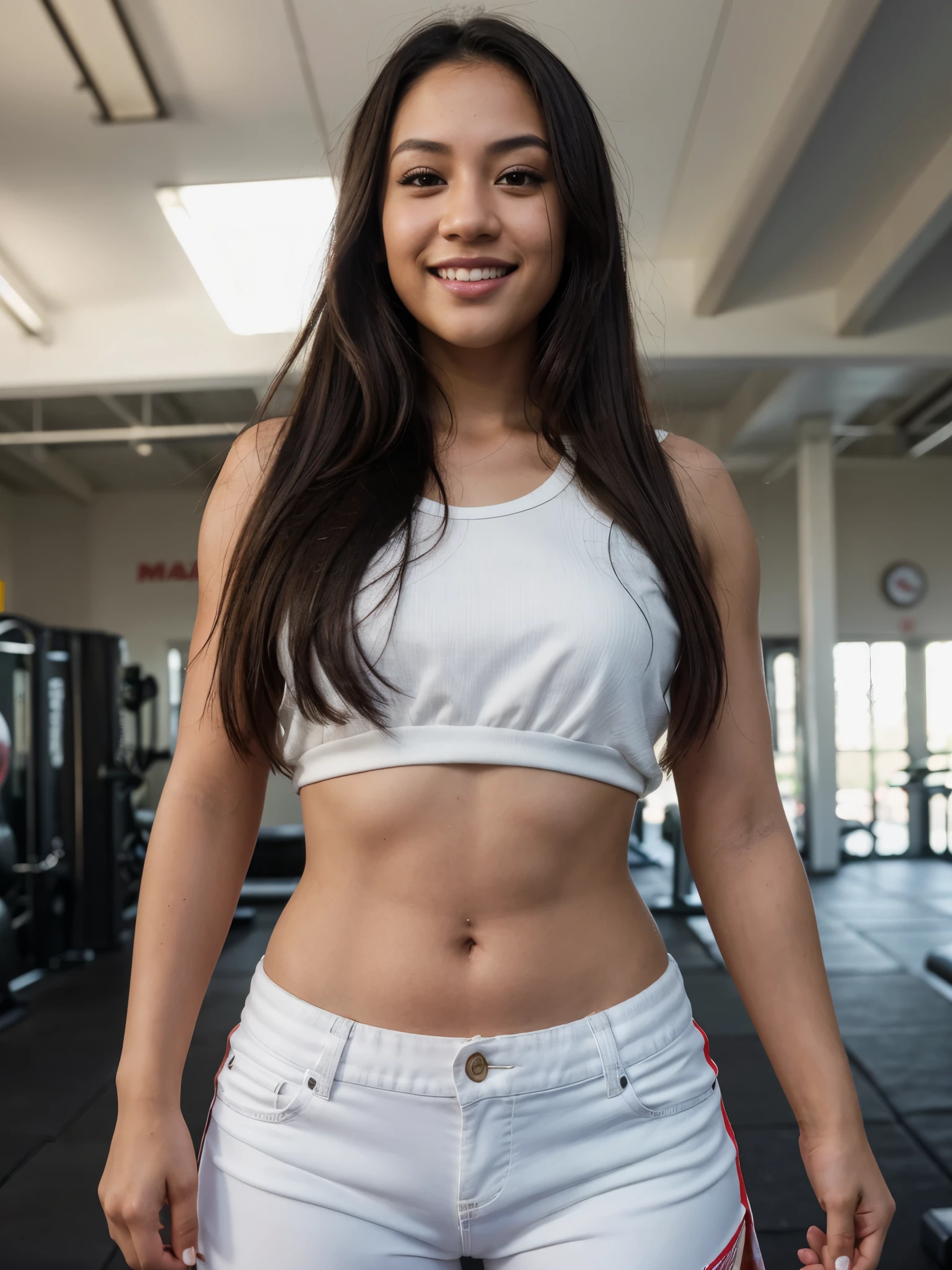 photorealistic, best quality, hyper detailed, cute Hawaiian girl, very short, skinny, long dark hair, curvy, lips open with a smile, detailed face, detailed lips, best shadow, RAW, instagram LUT, at a MMA gym
