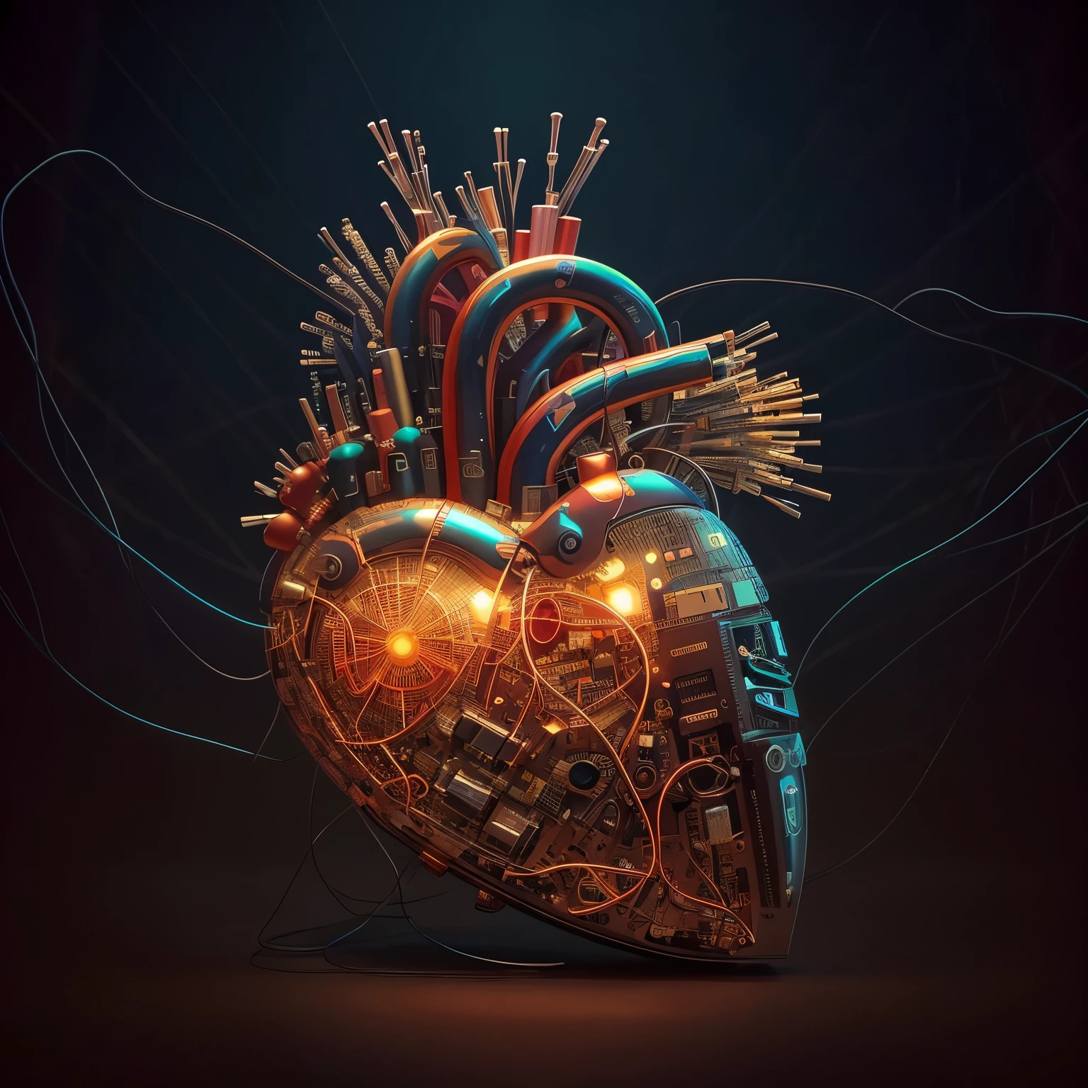 a closeup of a heart with many wires, human heart, connected to heart machines, heart effects, real heart, por Aleksander Gierymski, by Adam Marczyński, por Ludwik Konarzewski, Arte digital 4K altamente detallado, Hermosa obra de arte digital, por Aleksander Kobzdej