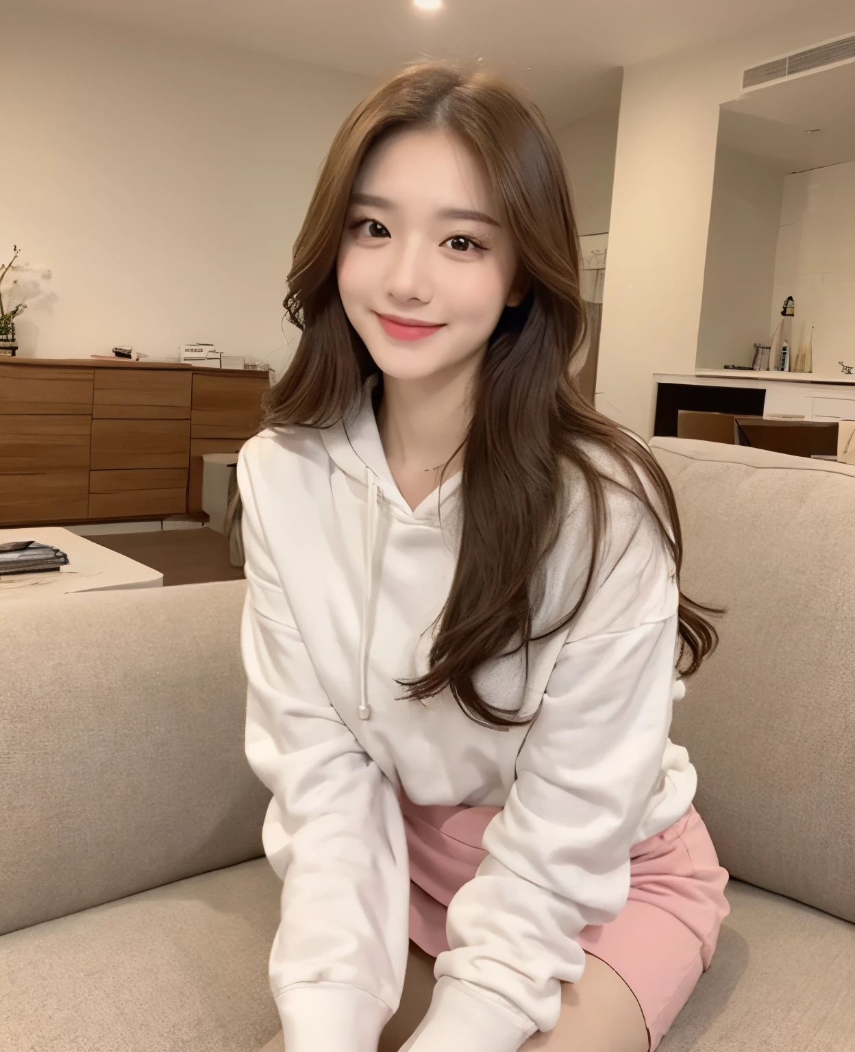 (Masterpiece, best resolution: 1.2), (brown eyes), seduction, smile, long brown hair, small breast, high-definition facial features, 8K, double eyelids, delicate facial feature, (posing), ((living room)), (sitting on the couch), ((full body)), (white hoodie)), ((pink mini skirt))