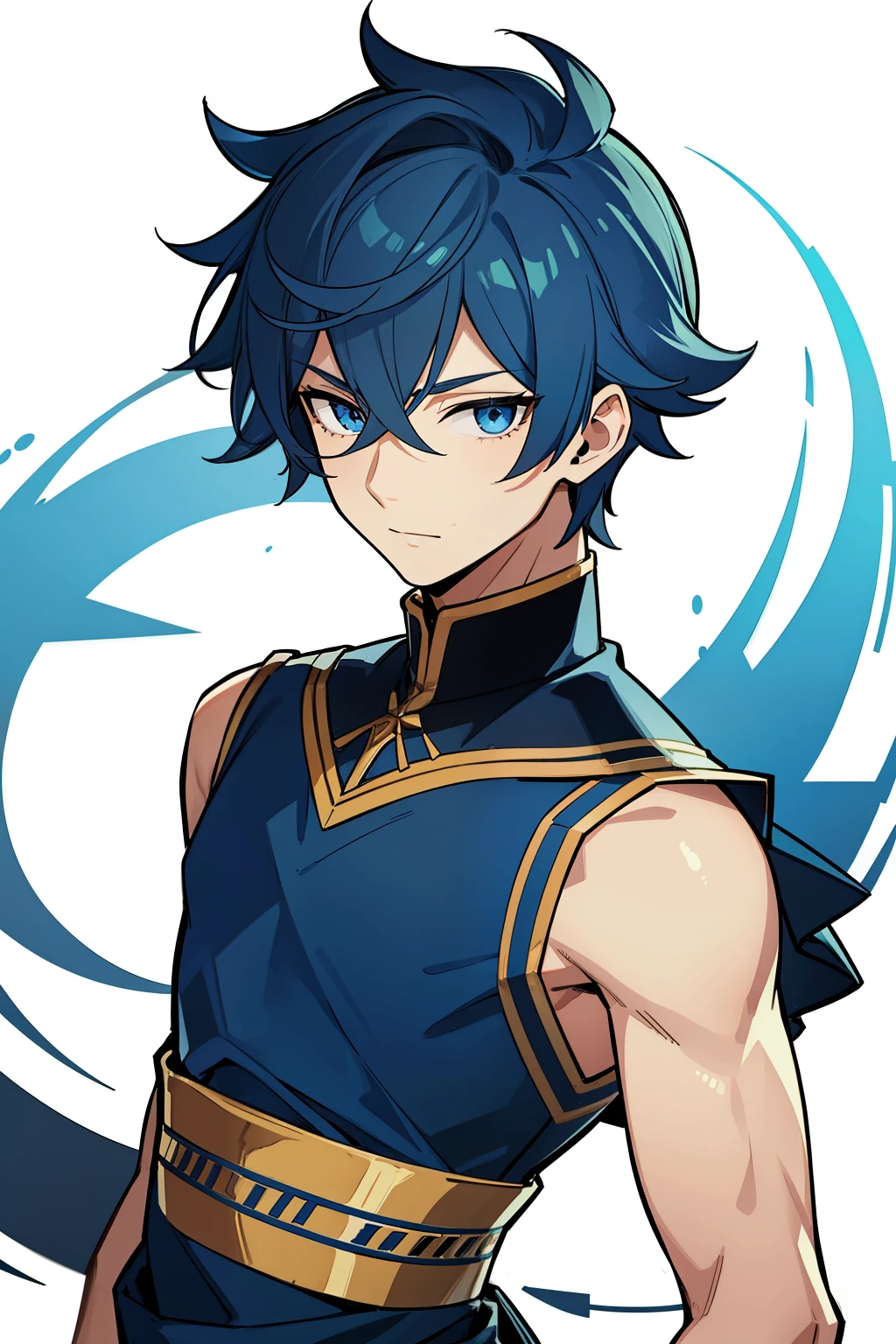 (high-quality, breathtaking),(expressive eyes, perfect face) 1boy, boy, solo, teenager, dark blue hair, blue coloured eyes, stylised hair, gentle smile, medium length hair, loose hair, side bangs, curley hair, really spiky hair, spiked up hair, looking at viewer, portrait, ancient greek clothes, blue black and white tunic, white Chlamys, sleeveless, greek, blue and gold sash, music inspired background, related to Orpheus, hair accessory blue