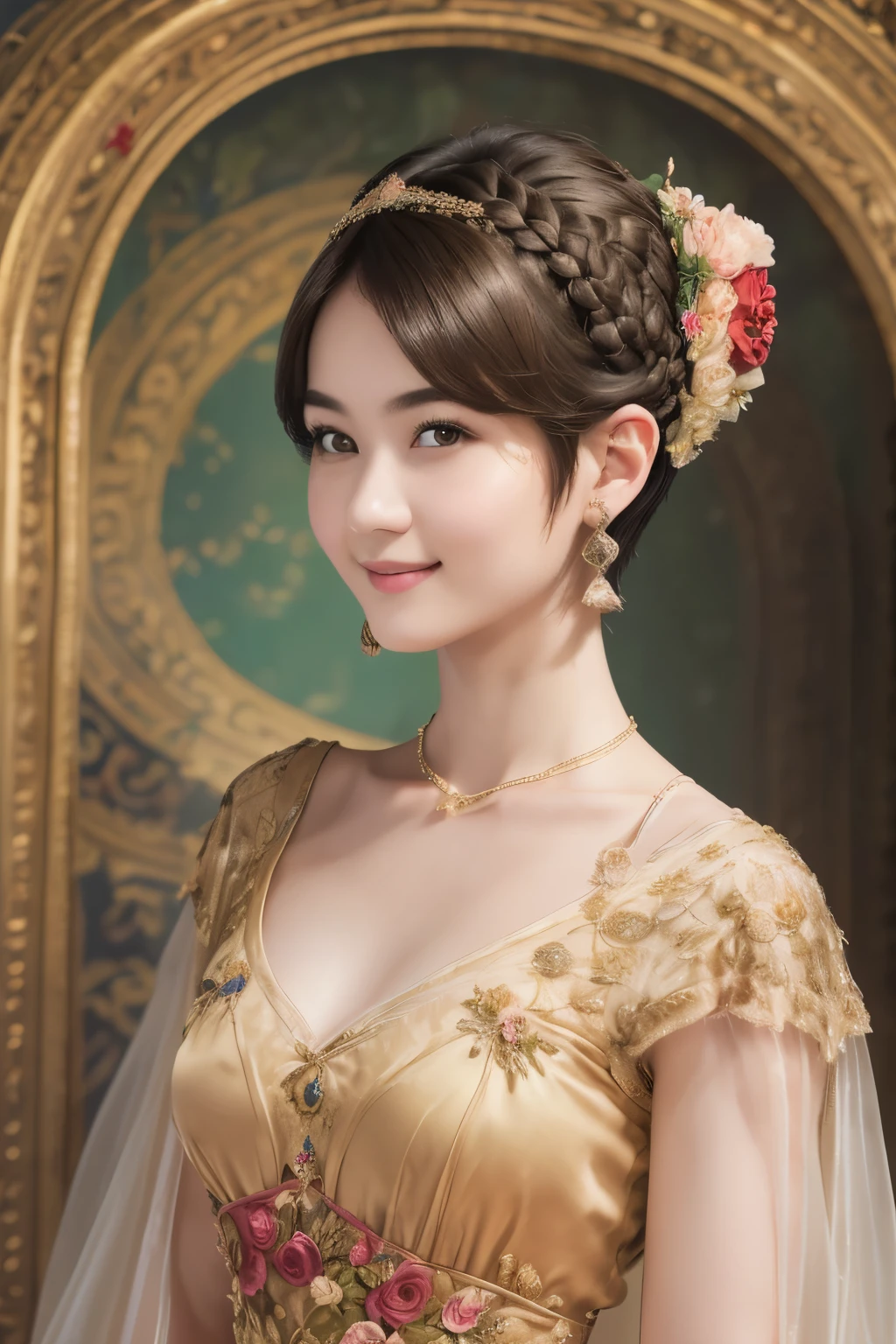 141
(a 20 yo woman,in the palace), (A hyper-realistic), (high-level image quality), ((beautiful hairstyle 46)), ((short-hair:1.46)), (kindly smile), (breasted:1.1), (lipsticks), (is wearing dress), (murky,wide,Luxurious room), (florals), (an oil painting、Rembrandt)