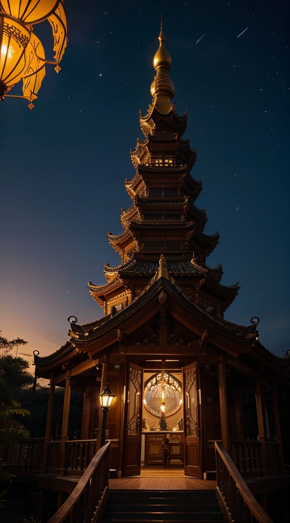 "Illustrate the divine elegance of a wizard's pagoda on the floating isles. Embrace soft pastels, radiant golds, and the tiered pagoda with starlight-infused layers, providing a celestial ambiance.