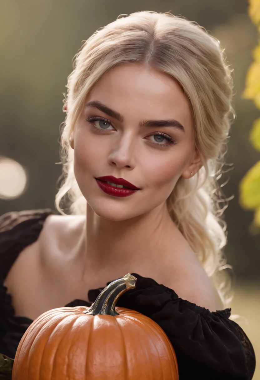 (best quality,4k,8k,highres,masterpiece:1.2),ultra-detailed,realistic, Margot Robbie with a bloody smile, dressed as a court jester, extremely detailed eyes and face, beautiful detailed lips, long eyelashes, 1 girl, outfit is red and black, holding a pumpkin grenade, horror-style, dark and eerie lighting, vivid colors, sharp focus
