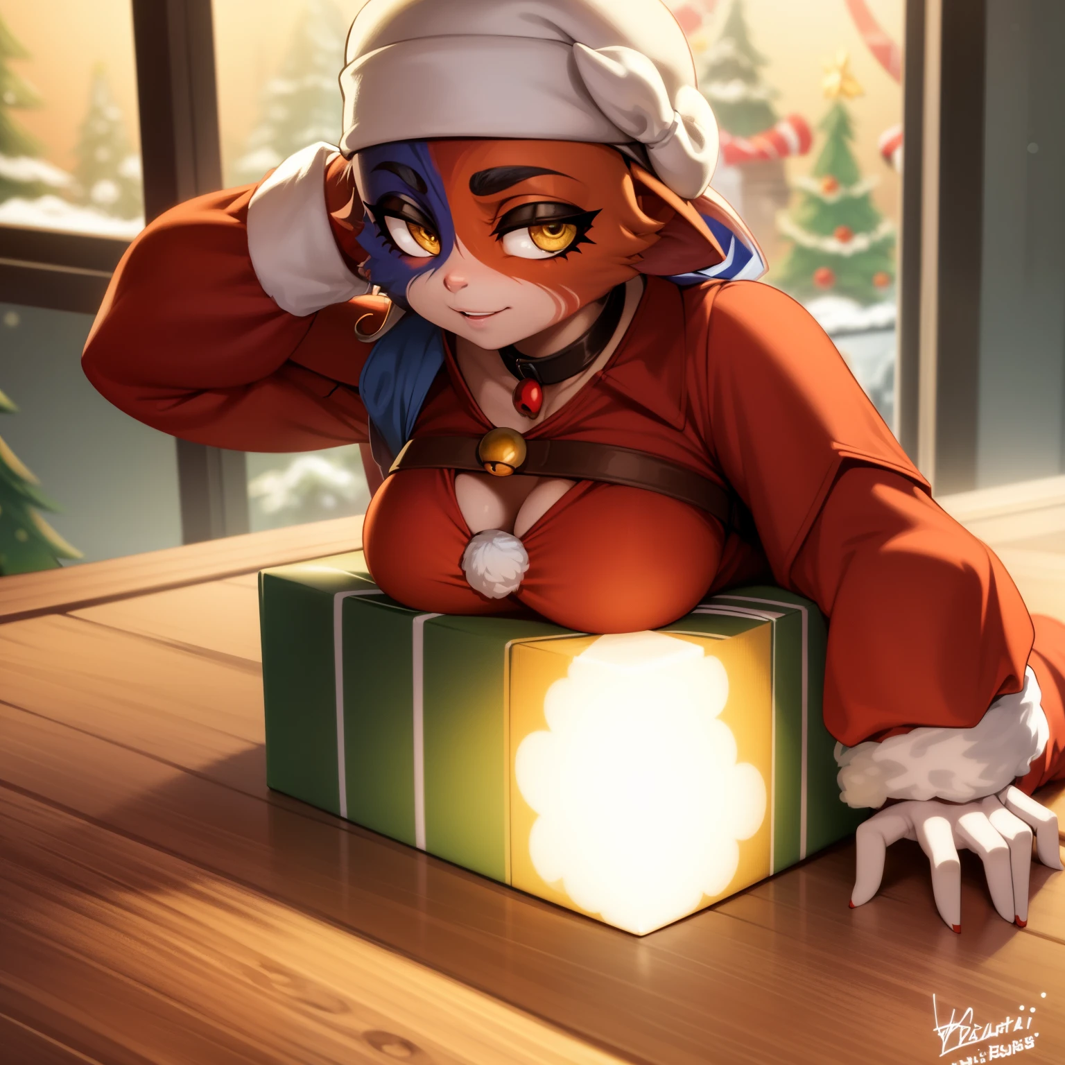 3d, (bastika, cutesexyrobutts, hioshiru) (best quality, masterpiece:1), solo, (shaded face:1.2), furry female anthro meowskulls, insanely detailed, beautiful detailed face,beautiful detailed eyes, masterpiece, best quality), christmas decorations, Christmas tree、Christmas cake、masterpiece、top-quality、detaileds、high resolution illustration),Delicate Makeup, (a closeup:1.2)、POV、 ((santa costume:1.2)), best quality, (masterpiece),(ultra-detailed), (high quality), (high resolution), 1girl, choker, gloves, elbow gloves, makeup, cute smile, Christmas gifts, lights, snow falling on window, (1 cat tail), fish Hook piercing, natural breasts, 5 fingers
INFO