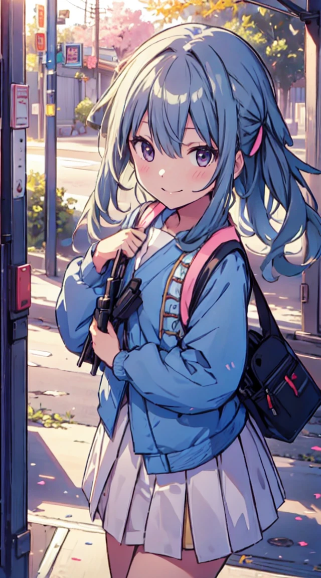 masutepiece, Best Quality,Illustration, Wallpaper, ultra -detail, 1loli、♡、Futomo、Strike a pose with a cheerful smile、校服、In the street