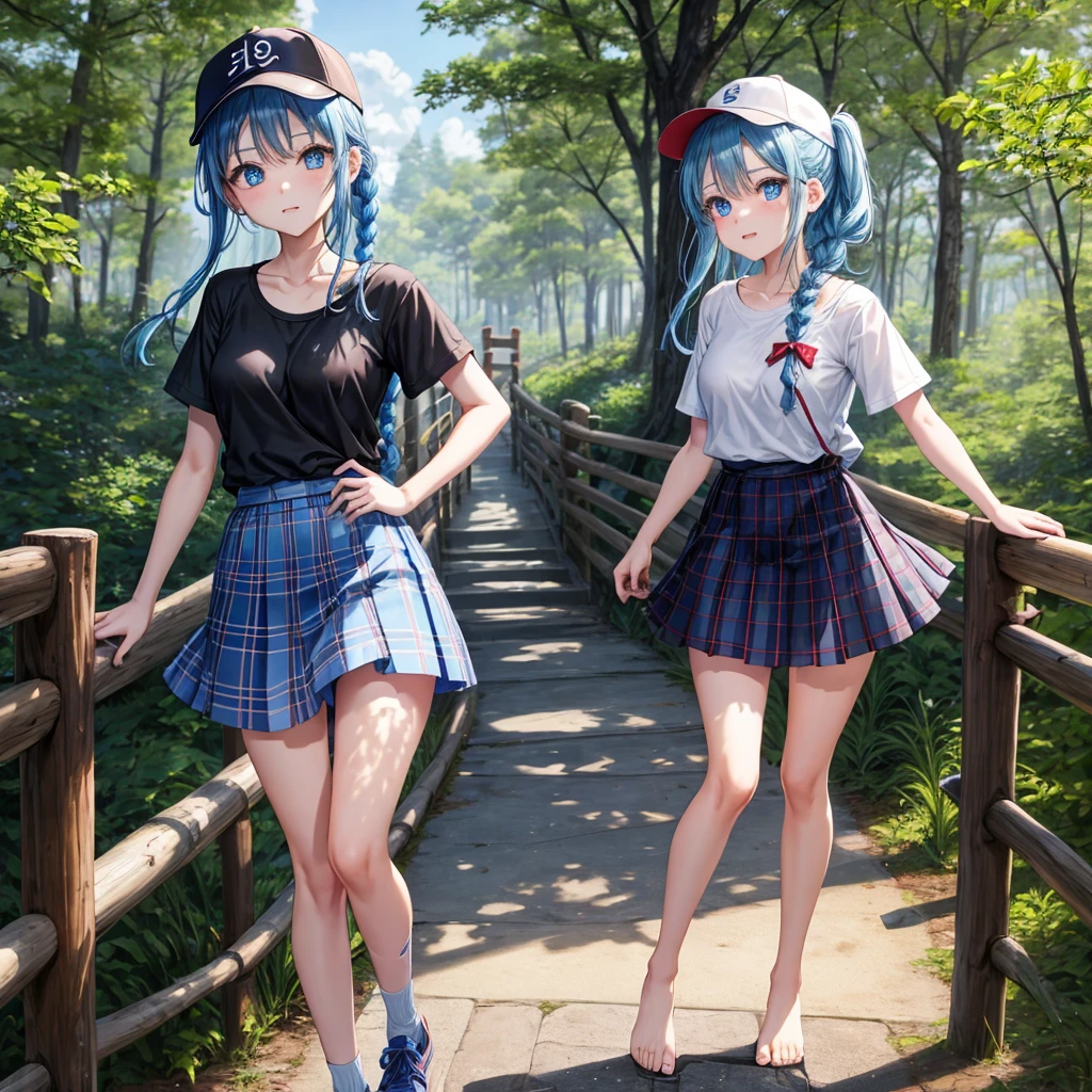Blue hair、blue eyess、Braids、one good looking girl、独奏、animesque、Plaid miniskirt、Black T-shirt、camisole、the woods、Sunlight、Wearing a plaid baseball cap、bare-legged、Tilting your face、Walking、Crossing a log bridge while keeping balance、Doing the ribbon、have a twig、climbing the wooden stairs