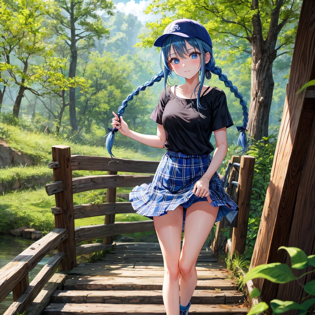 Blue hair、blue eyess、Braids、one good looking girl、独奏、animesque、Plaid miniskirt、Black T-shirt、camisole、the woods、Sunlight、Wearing a plaid baseball cap、bare-legged、Tilting your face、Walking、Crossing a log bridge while keeping balance、Doing the ribbon、have a twig、climbing the wooden stairs