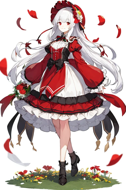 masterpiece, best quality, 1girl, solo, long_hair, looking_at_viewer, white hair, red eyes, smile, bangs, skirt, shirt, long_sleeves, hat, dress, bow, holding, closed_mouth, flower, frills, hair_flower, petals, bouquet, holding_flower, center_frills, bonnet, holding_bouquet, tachi-e, full body, white background,