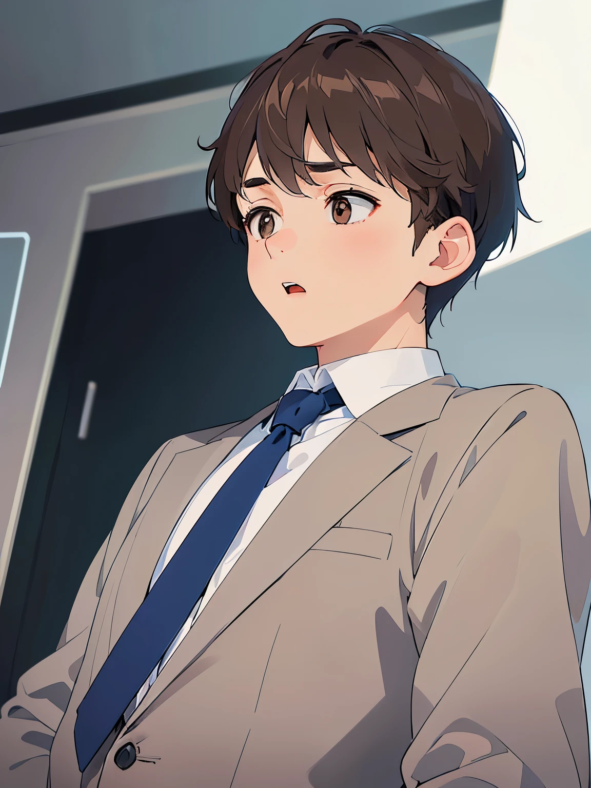 Covering mouth with hand, Shooting from below、masterpiece、hightquality、25 year old brown eyed man with short brown hair、(Wearing a gray suit:1.2)、white shirt、blue tie、(Alone:1.5)、(confused:1.1)、open mouth, (Only the upper body is shown.:1.3)、The background is office、Bold composition、