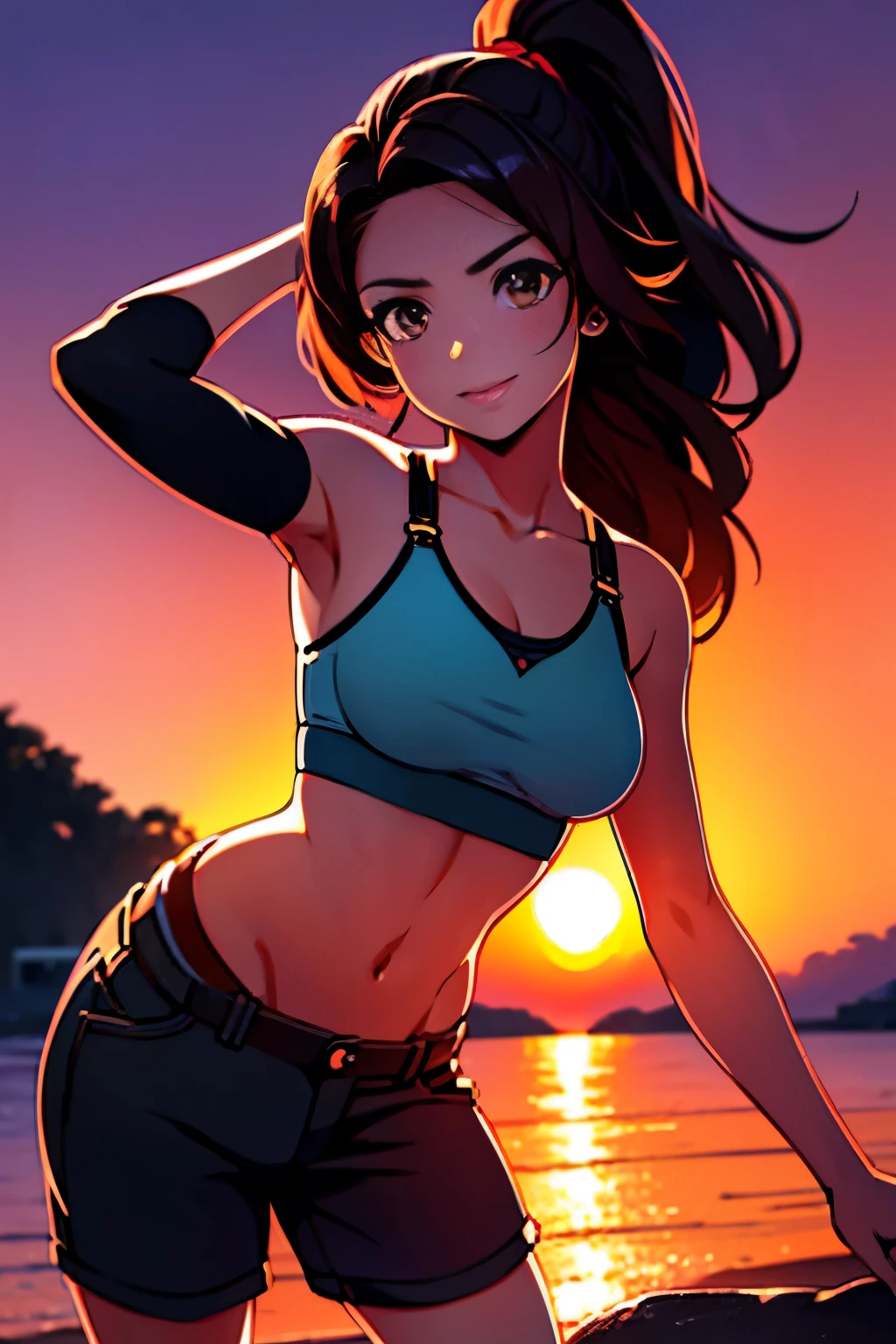 1girl, Photo model, sorrir, foco no espectador, beautiful lighting, best quality, master part, Ultra Highres, fotorrealista, cabelos pretos, tanque curto, short pants, Long capacity, medium breasts, pele branca,( Sunset background:1.4)