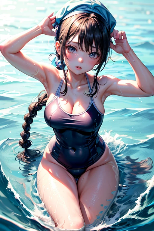 (Best Quality, 4K, 8K, hight resolution, masutepiece:1.2), Ermao、short braided hair。her breasts are beautiful and big。swimming school with friends。one-piece School Swimsuit。swimming hat。The moment when you are submerged in water and your face appears on the surface。