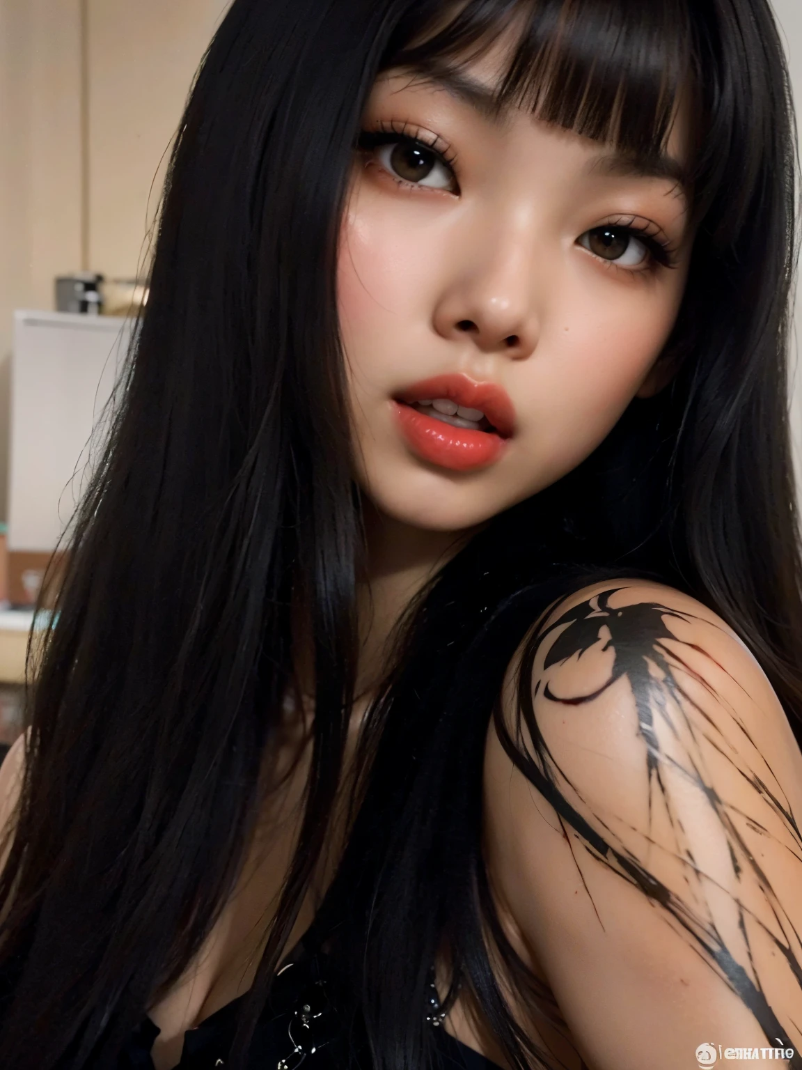 a close up of jennie with long black hair and a tattoo on her arm, 18 anos, Ela tem cabelo preto com franja, cruel korean goth girl, Ulzzang, menina coreana, Asian girl, preto hime corte cabelo, O corte Hime, 1 6 anos, 2 2 anos, 1 8 I, com cabelo preto liso, beautiful Asian girl, jennie blackpink