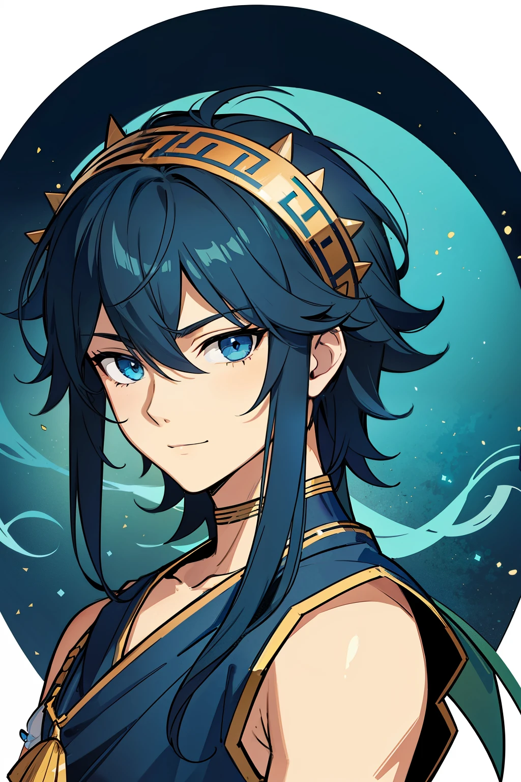 (high-quality, breathtaking),(expressive eyes, perfect face) 1boy, boy, solo, teenager, dark blue hair, blue coloured eyes, stylised hair, gentle smile, medium length hair, loose hair, side bangs, curley hair, really spiky hair, spiked up hair, looking at viewer, portrait, ancient greek clothes, blue black and white tunic, white Chlamys, sleeveless, greek, blue and gold sash, music inspired background, related to Orpheus, hair accessory blue