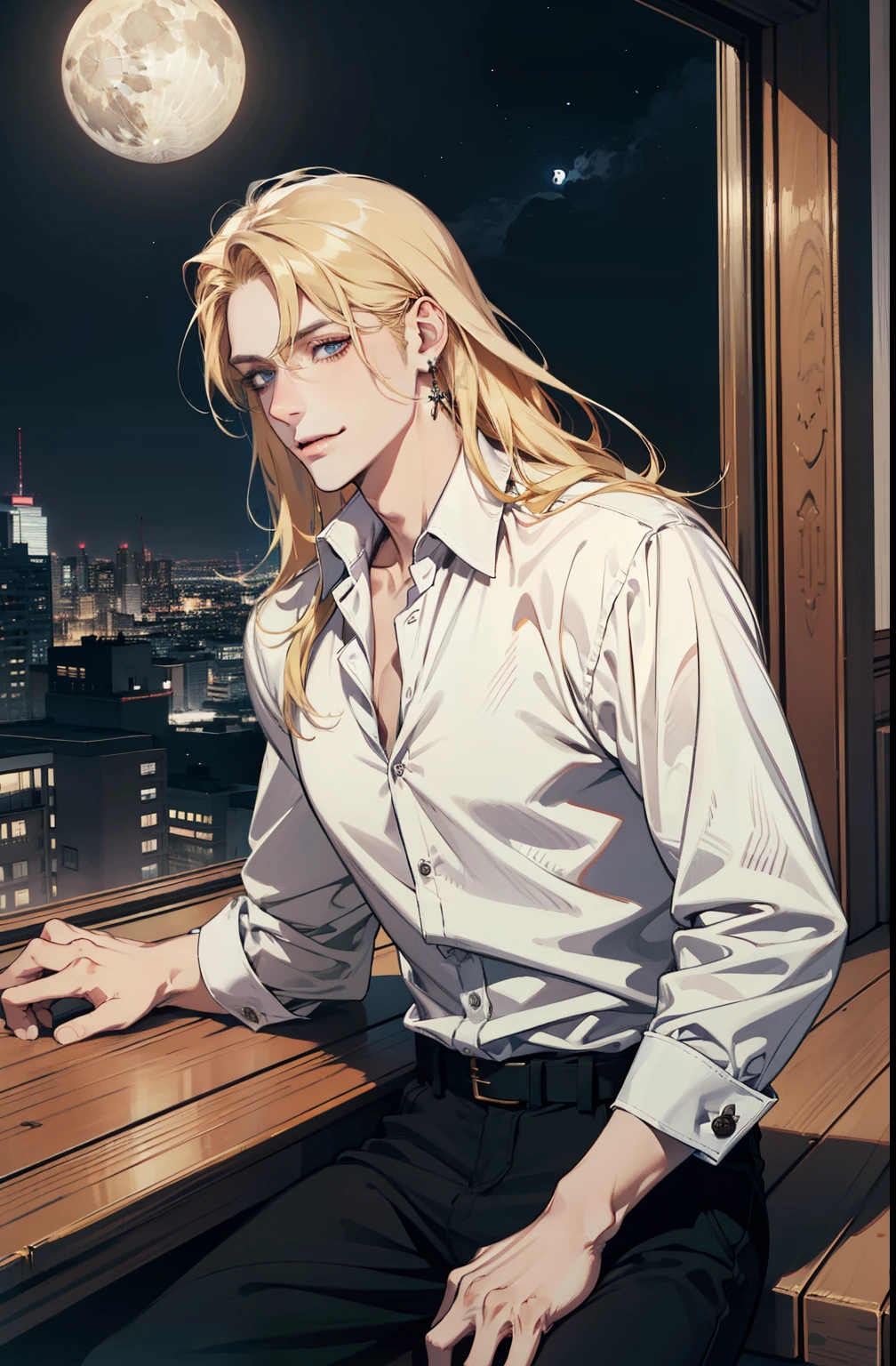 (absurderes, hight resolution, ultra-detailliert), 1man, 30 years old man,  man, Handsome, tall,, finely detailed  eyes and detailed face, Leather pants, (((White shirt))), Night, Smile, Dutch Angle, ((Long hair, Blonde hair)), Moon, Gold Details, earrings, Gothic, Vampire, Vampire prince, Dark,  Clothes, Take in the view, pale skin, A detailed eye, (masculine), Sexy, Elegant, Long bangs, Detailed hand,Sitting on the windowsill
