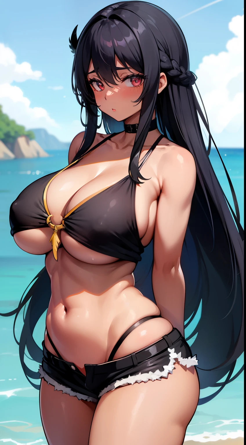 1girl, areola slip, bare shoulders, black hair, black shorts, blush, braid, huge breasts, chubby, cleavage, collarbone, crop top, dark-skinned female, dark skin, feather hair ornament, feathers, hair between eyes, hair ornament, large breasts, long hair, looking at viewer, monochrome, native american, navel, short shorts, shorts, solo, navel,under boob,beach