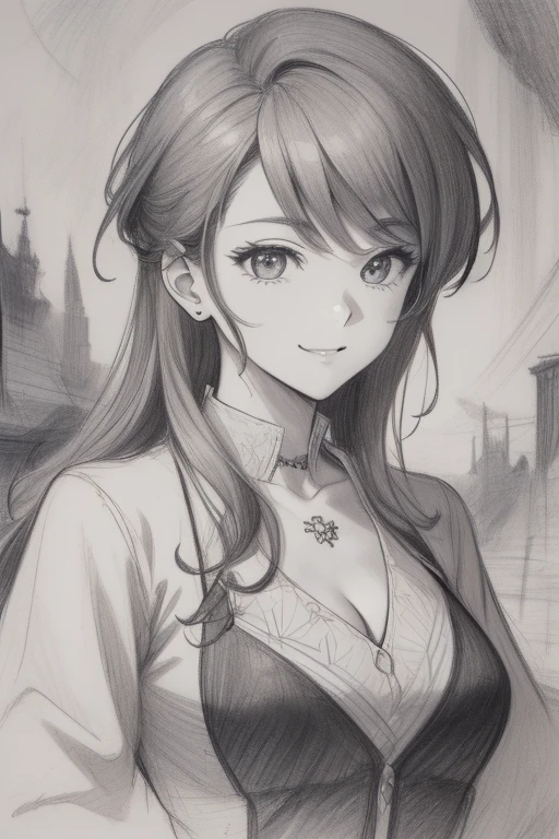 (tmasterpiece, quality: 1.2), ultra - detailed, 电影灯光, HighDynamicRange, a sketch, portrait in the middle of painting, a sketch, ((((detailed pencil drawing)))), a beautiful woman, Upper part of the body, 25 age old, Slim, cute smiling, Tokar, Margins, inspiration, dynamic angle,