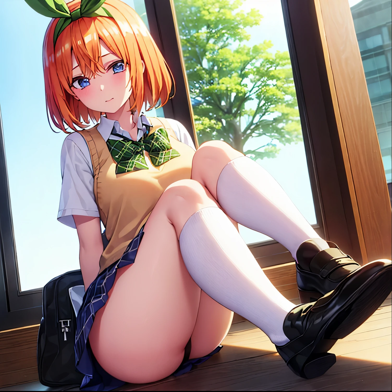 1girl,alone , yotsuba nakano, bangs, short hair, blue eyes, hair between eyes, hair ribbon, hairband, orange hair, green ribbon, BREAK skirt, shirt, bow, ribbon, school uniform, white shirt, short sleeves, pleated skirt, shoes, socks, collared shirt, miniskirt, bowtie, black footwear, kneehighs, green skirt, black socks, loafers, green bow, sweater vest, yellow sweater vest, green ribbon,, BREAK indoors, classroom, BREAK looking at viewer, BREAK (masterpiece:1.2), best quality, high resolution, unity 8k wallpaper, (illustration:0.8), (beautiful detailed eyes:1.6), extremely detailed face, perfect lighting, extremely detailed CG, (perfect hands, perfect anatomy),