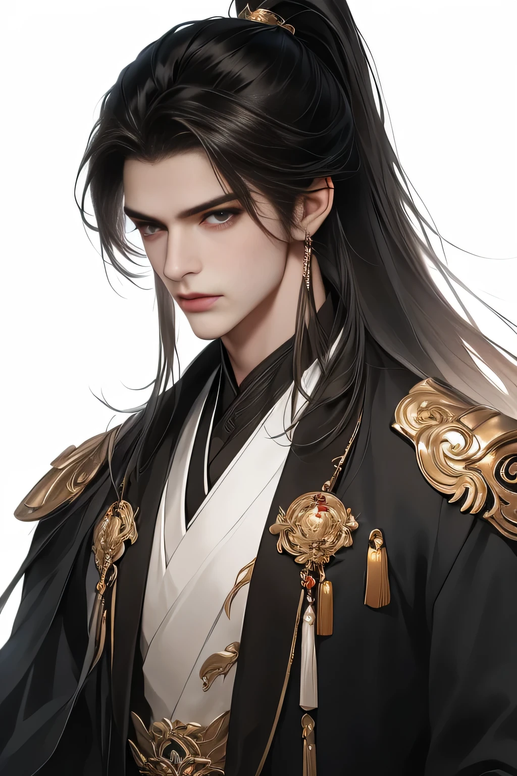 Chinese men，Close-up of the upper body，white hair on shoulders，（Whole-body proportions）The proportions are correct，Face details，（glowing light eyes），Handsome face，High ponytail hairstyle，（（white color hair））Neck details，gold shell，detailed，（（all white robe）），white and gold robes，clothes details，surrender，longer sleeves，Game quality，Light and shadow tracking，Ray traching，detailed发光，cg render，hair detail，（White is long hair），，Handsome face，Clothing is complicated，Perfectcomposition，Refinement，high high quality，More detailed，A lot of detail，The background is complex，a sense of atmosphere，solid black background，high high quality，（with a pure white background）