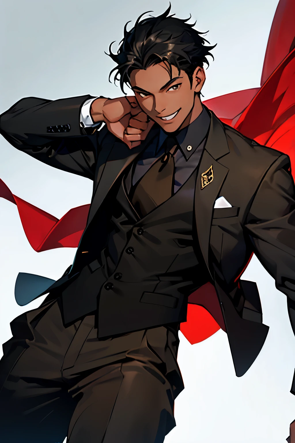 Black young man, black hair, medium hair, Tall, black suit, Brown eyes, fang, smile, gun, beautiful