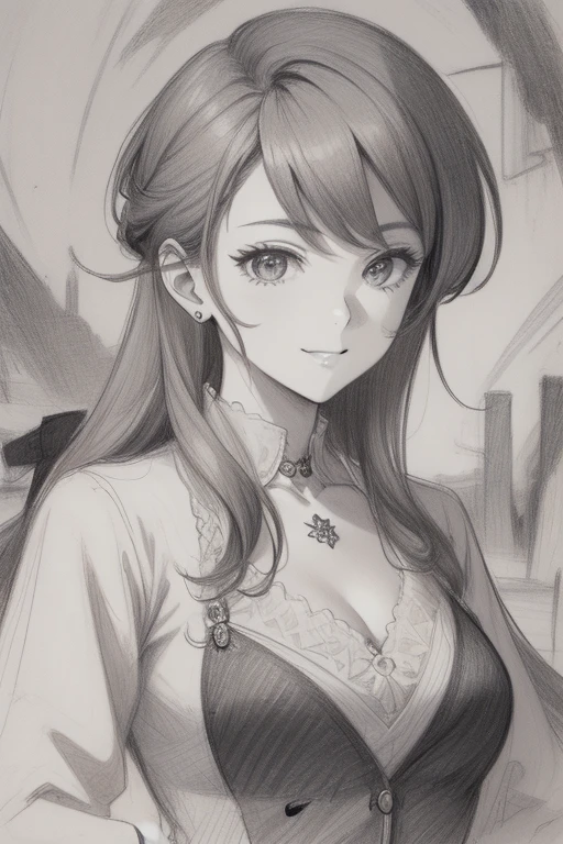 (tmasterpiece, quality: 1.2), ultra - detailed, 电影灯光, HighDynamicRange, a sketch, portrait in the middle of painting, a sketch, ((((detailed pencil drawing)))), a beautiful woman, Upper part of the body, 25 age old, Slim, cute smiling, Tokar, Margins, inspiration, dynamic angle,