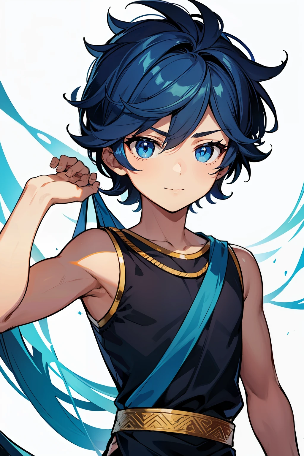 (high-quality, breathtaking),(expressive eyes, perfect face) 1boy, boy, solo, child, dark blue hair, blue coloured eyes, stylised hair, gentle smile, medium length hair, loose hair, side bangs, curley hair, really spiky hair, spiked up hair, looking at viewer, portrait, ancient greek clothes, blue black and white tunic, white Chlamys, sleeveless, greek, blue and gold sash, music inspired background, related to Orpheus, hair accessory blue