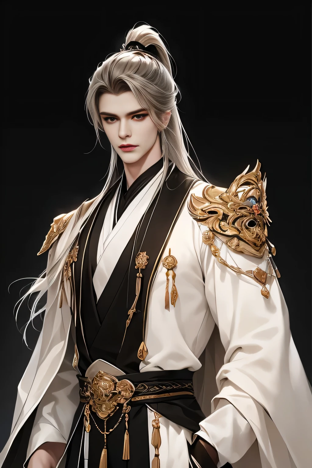 Chinese men，Close-up of the upper body，white hair on shoulders，（Whole-body proportions）The proportions are correct，Face details，（glowing light eyes），Handsome face，High ponytail hairstyle，（（white color hair））Neck details，gold shell，detailed，（（all white robe）），white and gold robes，clothes details，surrender，longer sleeves，Game quality，Light and shadow tracking，Ray traching，detailed发光，cg render，hair detail，（White is long hair），，Handsome face，Clothing is complicated，Perfectcomposition，Refinement，high high quality，More detailed，A lot of detail，The background is complex，a sense of atmosphere，solid black background，high high quality，（with a pure white background）