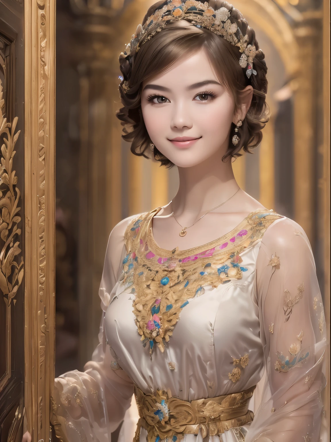 141
(a 20 yo woman,in the palace), (A hyper-realistic), (high-level image quality), ((beautiful hairstyle 46)), ((short-hair:1.46)), (kindly smile), (breasted:1.1), (lipsticks), (is wearing dress), (murky,wide,Luxurious room), (florals), (an oil painting、Rembrandt)