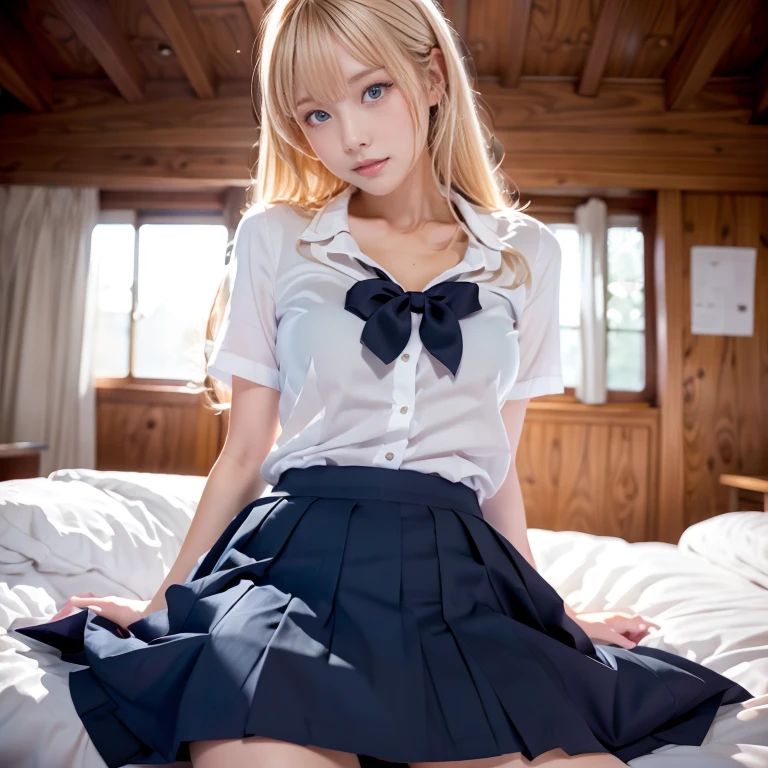 a blond, Twin-tailed, Blonde hair, girl , japanese gal, 18year old、crotch open, Spreading her legs, open her legs, showing her vagina to the camera, lifting her skirt up, lift up her skirt and show vaginaSlimed, Lying down, squatting, 4k, top-quality, hight resolution:1.1), a micro skirt, vagina is visible through the skirt, Black shoes、high school student uniform、Dark blue socks, Cleavage visible from the blouse, Classroom, Infirmary, a bed , tiny chest、Nipples are clearly visible, Angle from your feet, Angle from below, Angle looking up from below, visible nipples, visible vagina, vagina is clearly visible, lifting the skirt, skirt lifted up