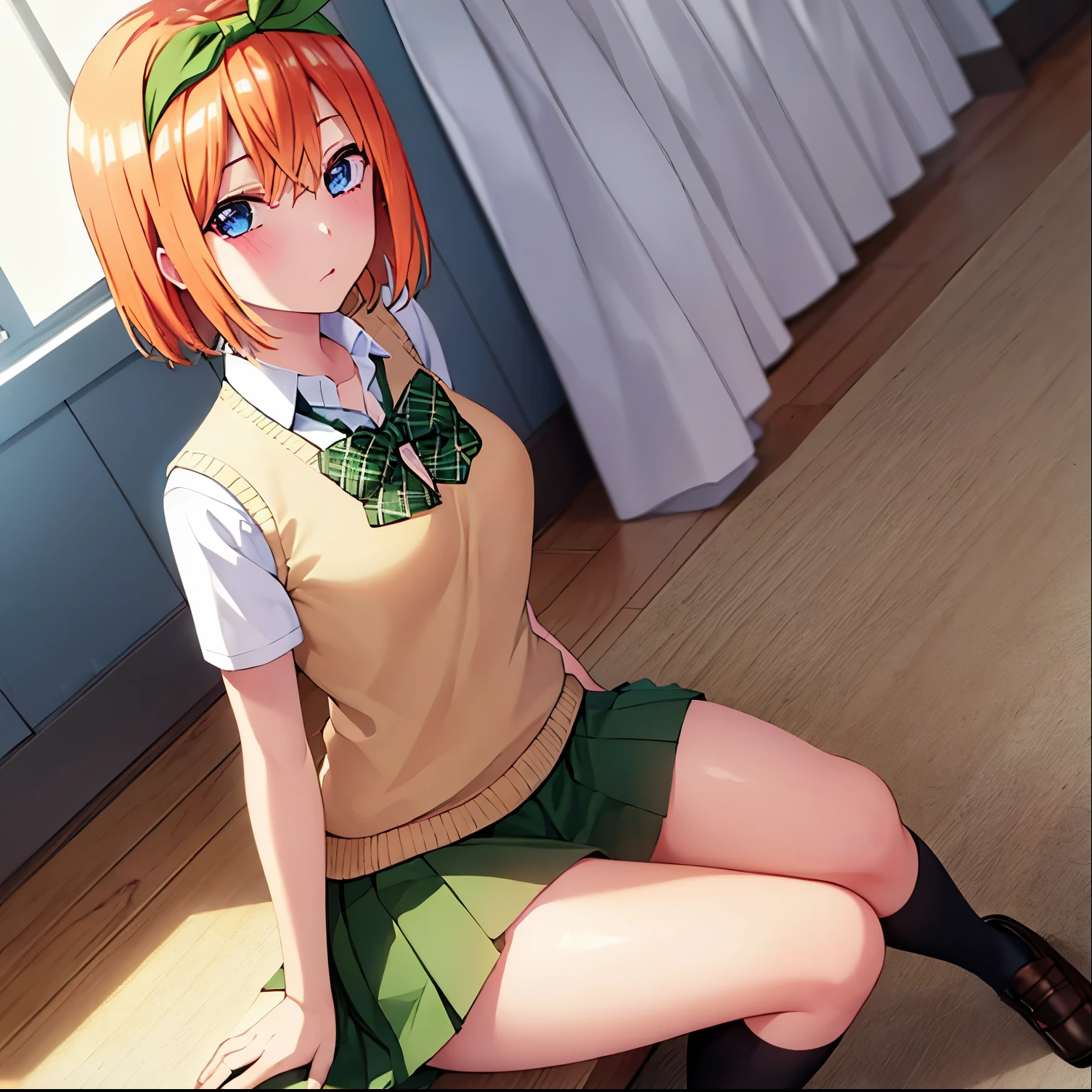 1girl,alone , yotsuba nakano, bangs, short hair, blue eyes, hair between eyes, hair ribbon, hairband, orange hair, green ribbon, BREAK skirt, shirt, bow, ribbon, school uniform, white shirt, short sleeves, pleated skirt, shoes, socks, collared shirt, miniskirt, bowtie, black footwear, kneehighs, green skirt, black socks, loafers, green bow, sweater vest, yellow sweater vest, green ribbon,, BREAK indoors, classroom, BREAK looking at viewer, BREAK (masterpiece:1.2), best quality, high resolution, unity 8k wallpaper, (illustration:0.8), (beautiful detailed eyes:1.6), extremely detailed face, perfect lighting, extremely detailed CG, (perfect hands, perfect anatomy),