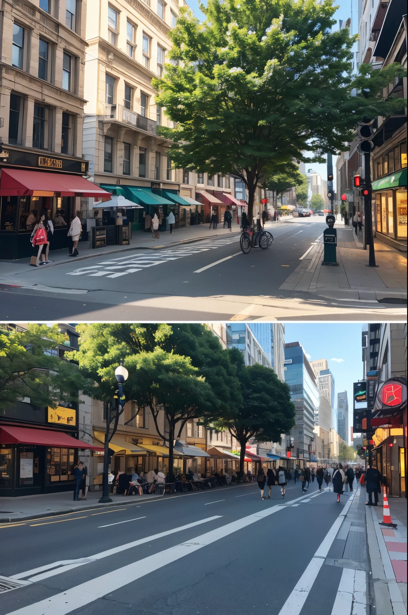 (best quality,4k,8k,highres,masterpiece:1.2),ultra-detailed,(realistic,photorealistic,photo-realistic:1.37),busy vibrant downtown street,flowing traffic,shops bustling with people,traffic lights,pedestrians crossing street,colored awnings,neon signs,brisk city life,crowded sidewalks,modern architecture,an eclectic mix of buildings,cityscape,freshly painted crosswalks,shimmering street lights,lively atmosphere,people walking,chatting,and shopping,colored umbrellas shading outdoor seating areas,city buses passing by,dynamic energy,interactions between pedestrians and drivers,plentiful trees and greenery along the sidewalk,occasional street performers adding to the lively ambiance